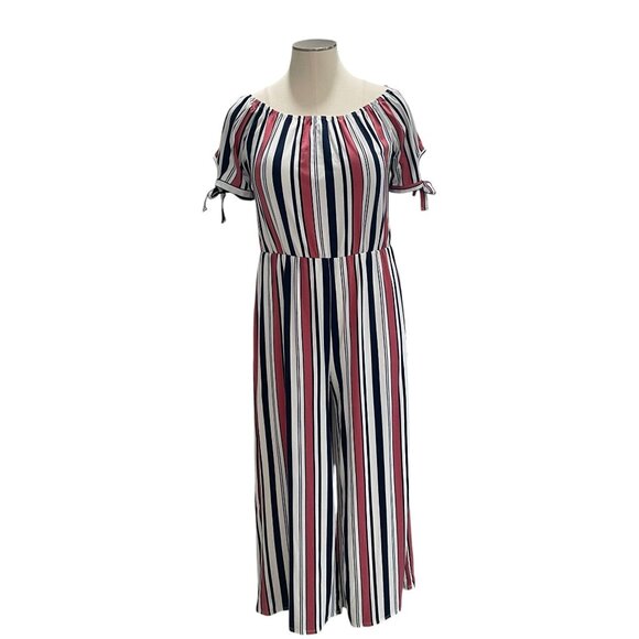 Vibe Sportswear 2X Striped Wide Leg Jumpsuit Off Shoulder Boho Stretchy Romper - Picture 5 of 12